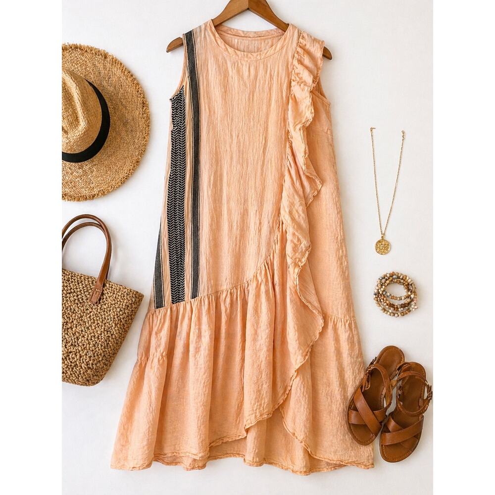 CECILIE Copenhagen Asymmetrical Ruffle Cotton Dress Peach Boho Midi Lagenlook Sm